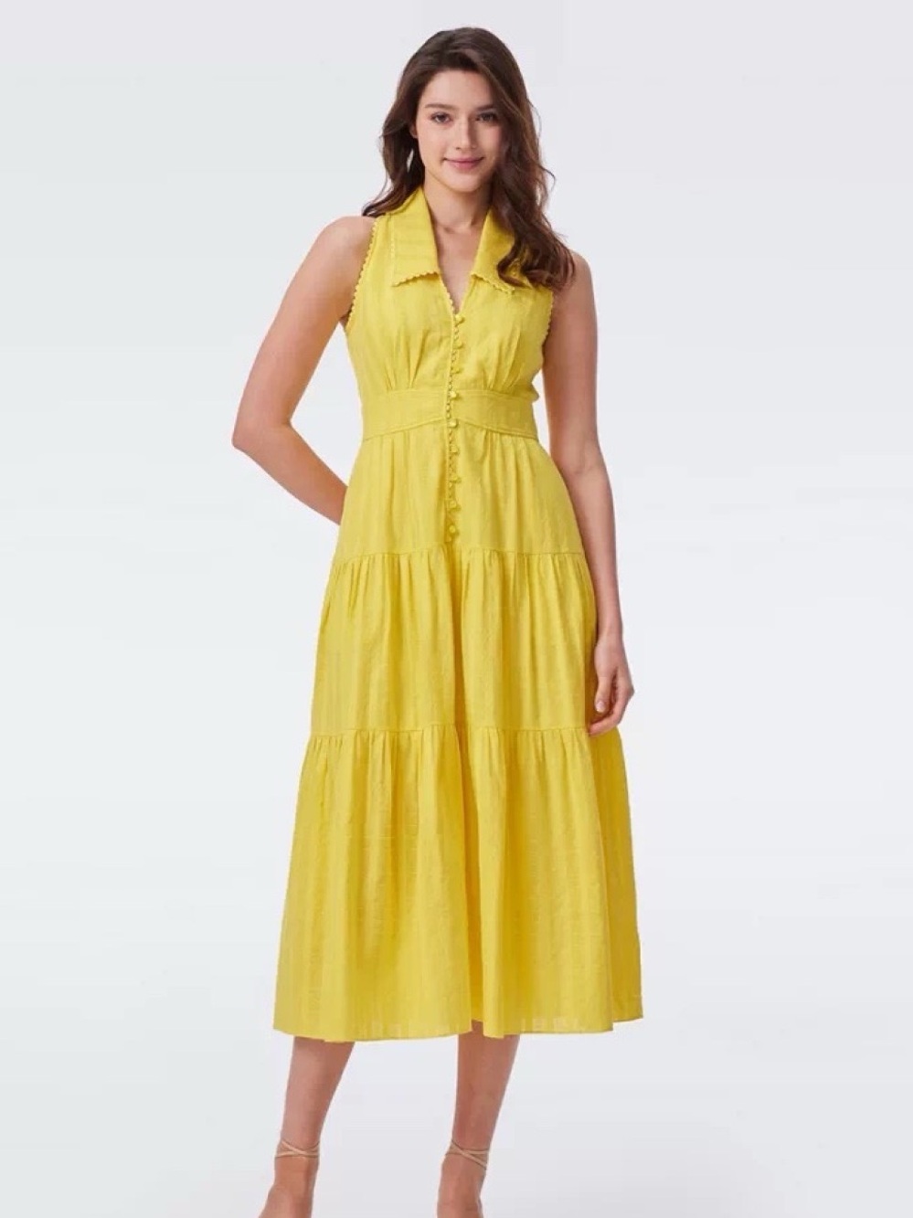 NWOT DVF Cotton Sleeveless Tiered Midi Dress in Yellow, Size US 2/4/6/8